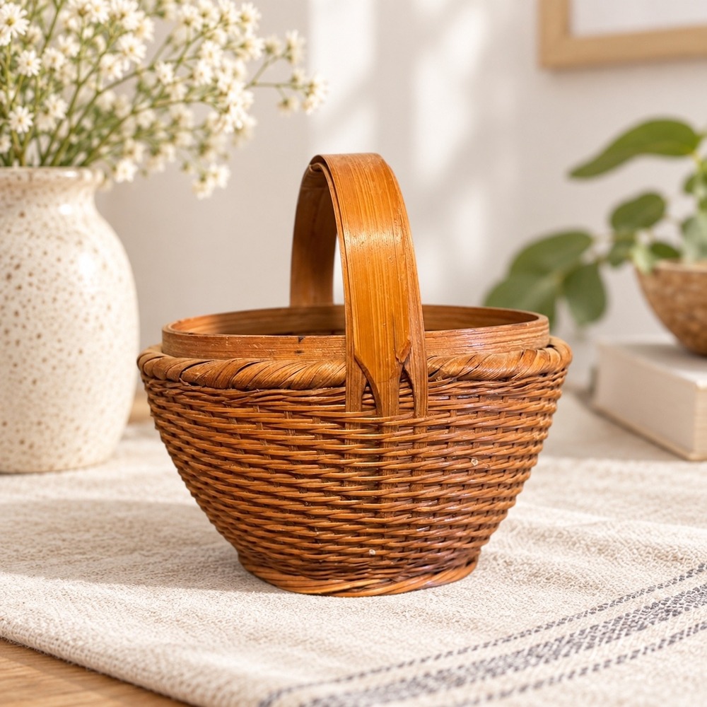 Vintage Miniature Handwoven Bamboo Basket Small Rattan Wicker Basket With Handle